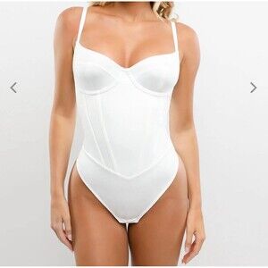 Popilush Size Medium Women Shapewear Tummy Control Corset Thong Bodysuit White
